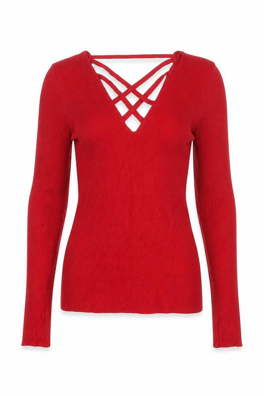 Front view of Miss Selfridge women’s red v-neck viscose jumper, size UK 8, - stretch