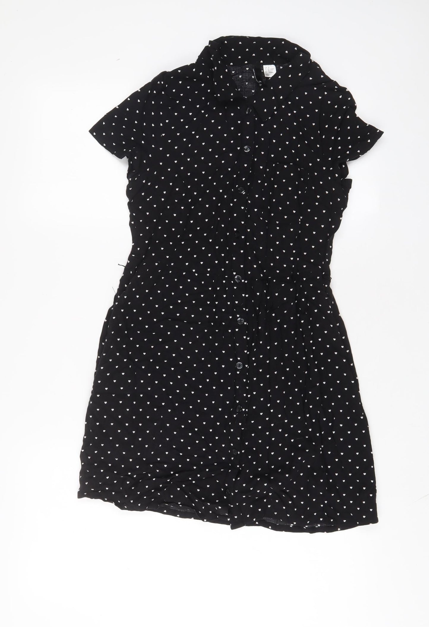 H&M Womens Black Geometric Viscose A-Line Size 10 Collared Button