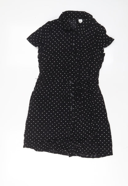 H&M Womens Black Geometric Viscose A-Line Size 10 Collared Button