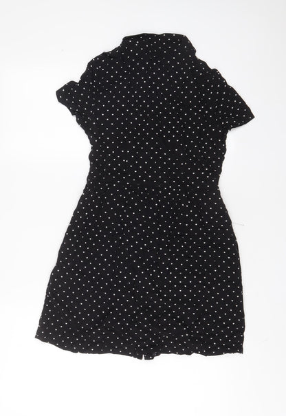 H&M Womens Black Geometric Viscose A-Line Size 10 Collared Button