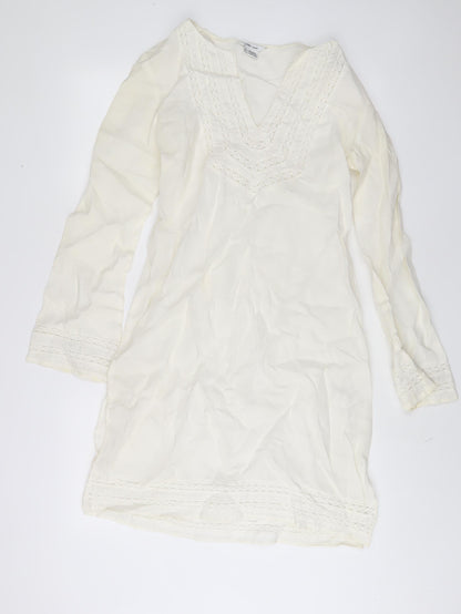 Zara Womens Ivory Ramie Sheath Size L V-Neck Pullover - Embroidered