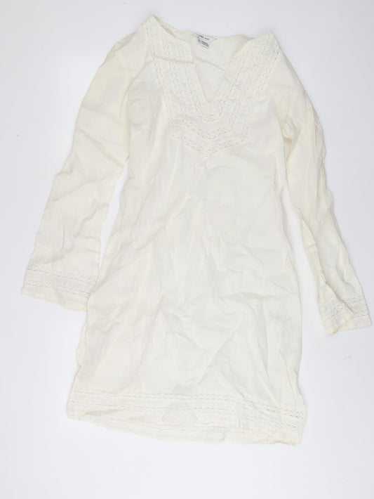 Zara Womens Ivory Ramie Sheath Size L V-Neck Pullover - Embroidered