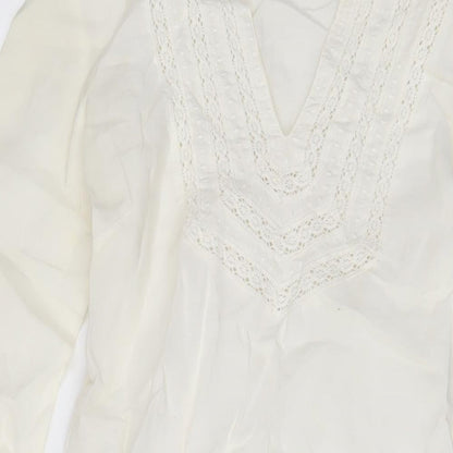 Zara Womens Ivory Ramie Sheath Size L V-Neck Pullover - Embroidered