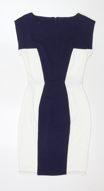 Closet Womens Blue Colourblock Polyester A-Line Size 10 Round Neck Zip
