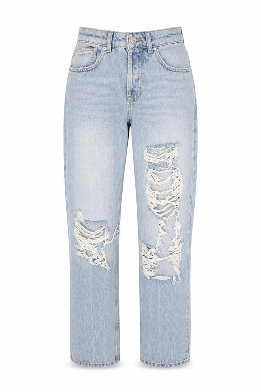 Front view of ASOS women’s blue cotton straight jeans, size UK 28, in, 28-inch leg regular button