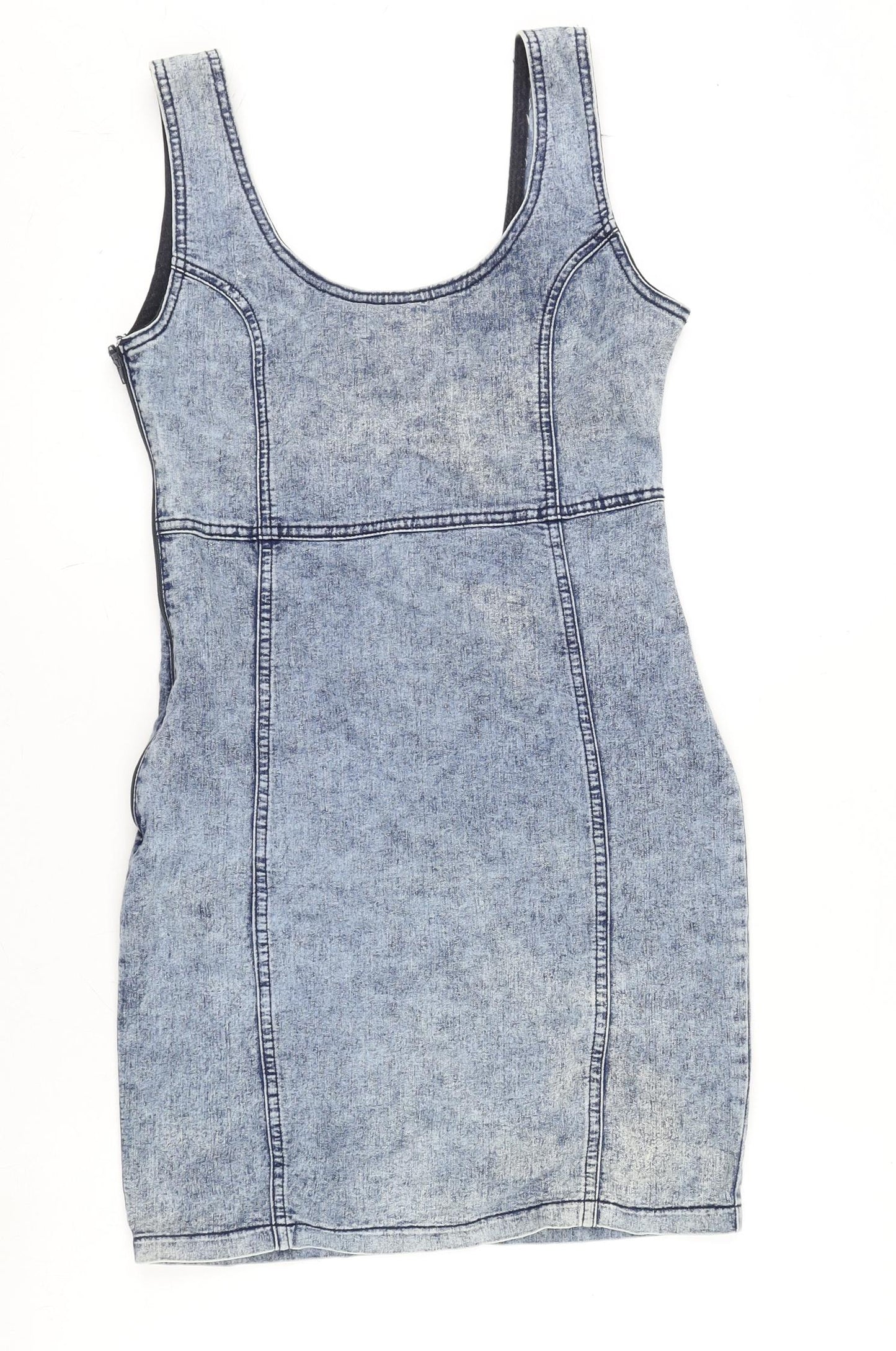 Denim & Co. Womens Blue Cotton Pencil Dress Size 10 Crew Neck Zip