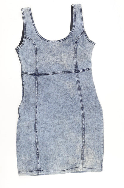 Denim & Co. Womens Blue Cotton Pencil Dress Size 10 Crew Neck Zip