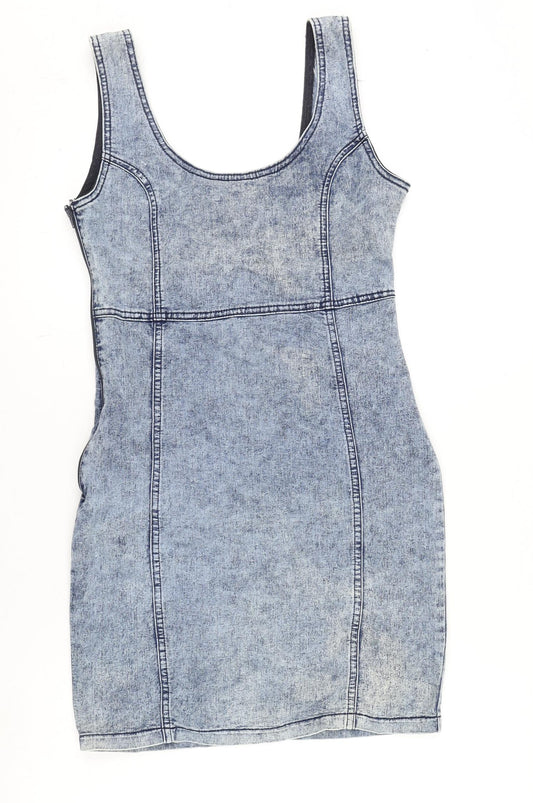 Denim & Co. Womens Blue Cotton Pencil Dress Size 10 Crew Neck Zip