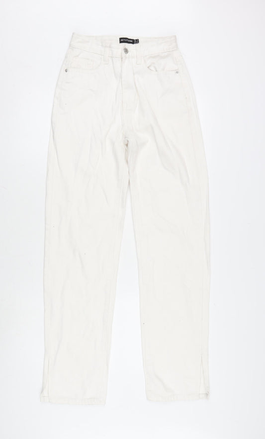 PRETTYLITTLETHING Womens Ivory Cotton Straight Jeans Size 6 L31.5 in Regular Zip - Small side splits of Legs .