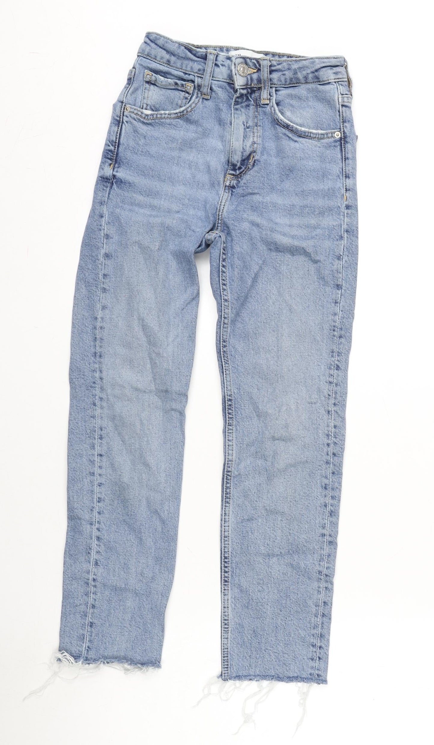 Zara Womens Blue Cotton Blend Straight Jeans Size 4 L23 in Regular Zip - Raw Hem