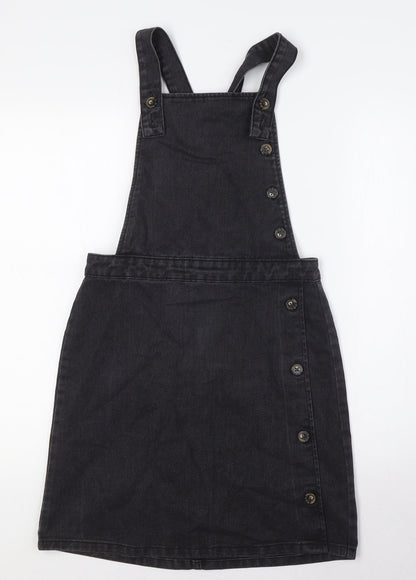 F&F Womens Black Cotton Pinafore/Dungaree Dress Size 6 Square Neck Zip