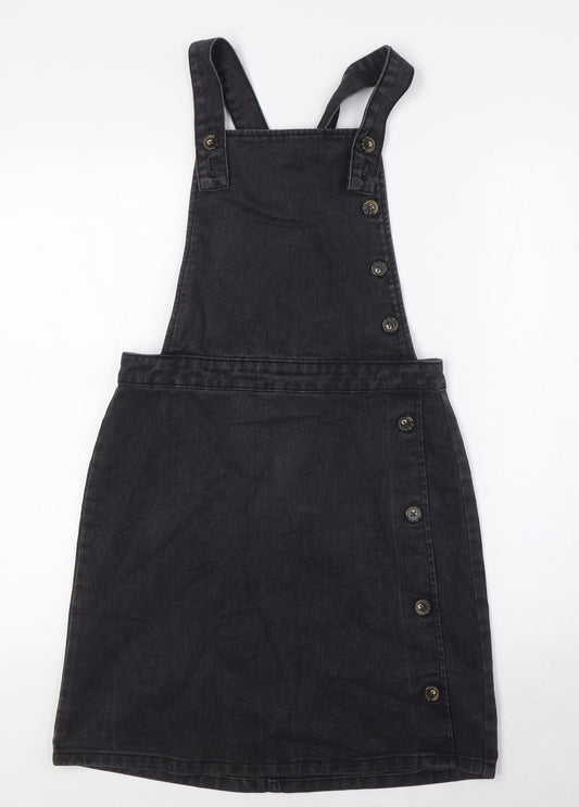 F&F Womens Black Cotton Pinafore/Dungaree Dress Size 6 Square Neck Zip