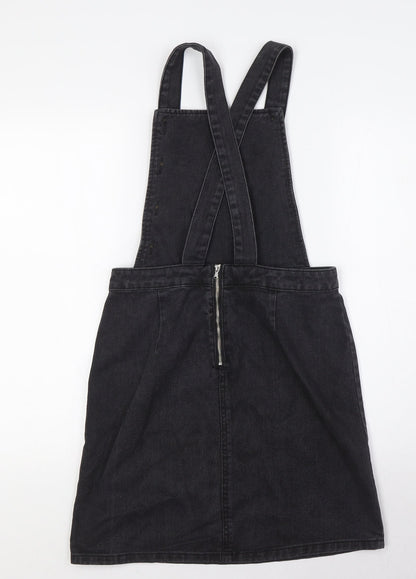 F&F Womens Black Cotton Pinafore/Dungaree Dress Size 6 Square Neck Zip