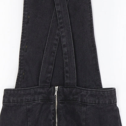 F&F Womens Black Cotton Pinafore/Dungaree Dress Size 6 Square Neck Zip