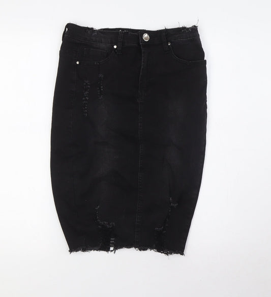 Denim Club Womens Black Cotton Straight & Pencil Skirt Size 10 Button - Destressed