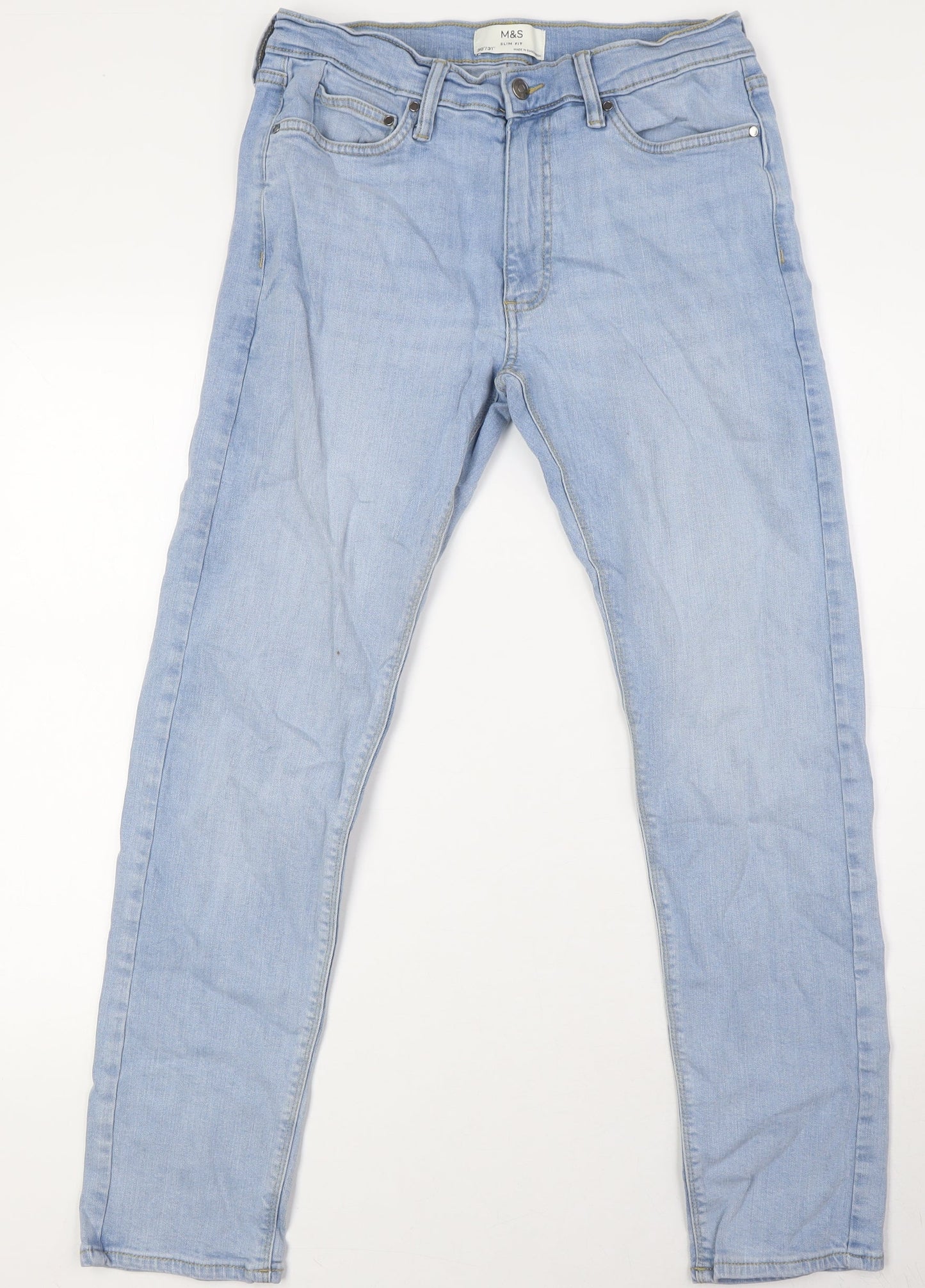 Marks and Spencer Mens Blue Cotton Straight Jeans Size 30 in L31 in Slim Button