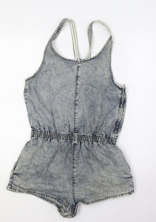 Topshop Womens Blue 100% Cotton Playsuit One-Piece Size 10 Zip