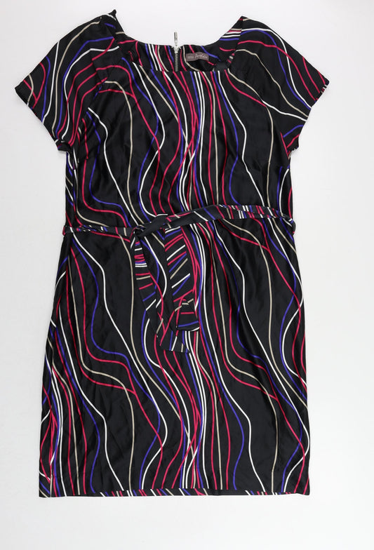 Marks and Spencer Womens Black Geometric Polyester Sheath Size 16 Boat Neck Zip - Belted