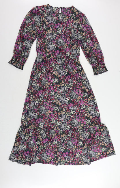 Oasis Womens Multicoloured Floral Polyester A-Line Size XS Round Neck Button - Sheer