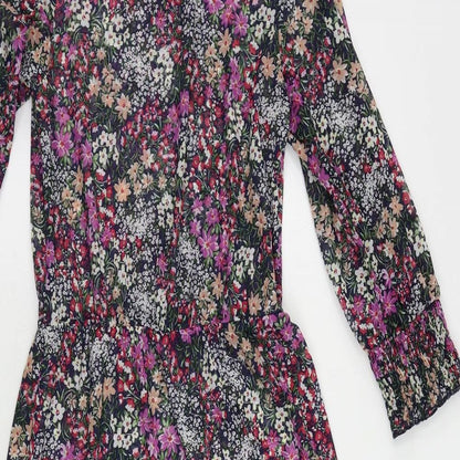 Oasis Womens Multicoloured Floral Polyester A-Line Size XS Round Neck Button - Sheer