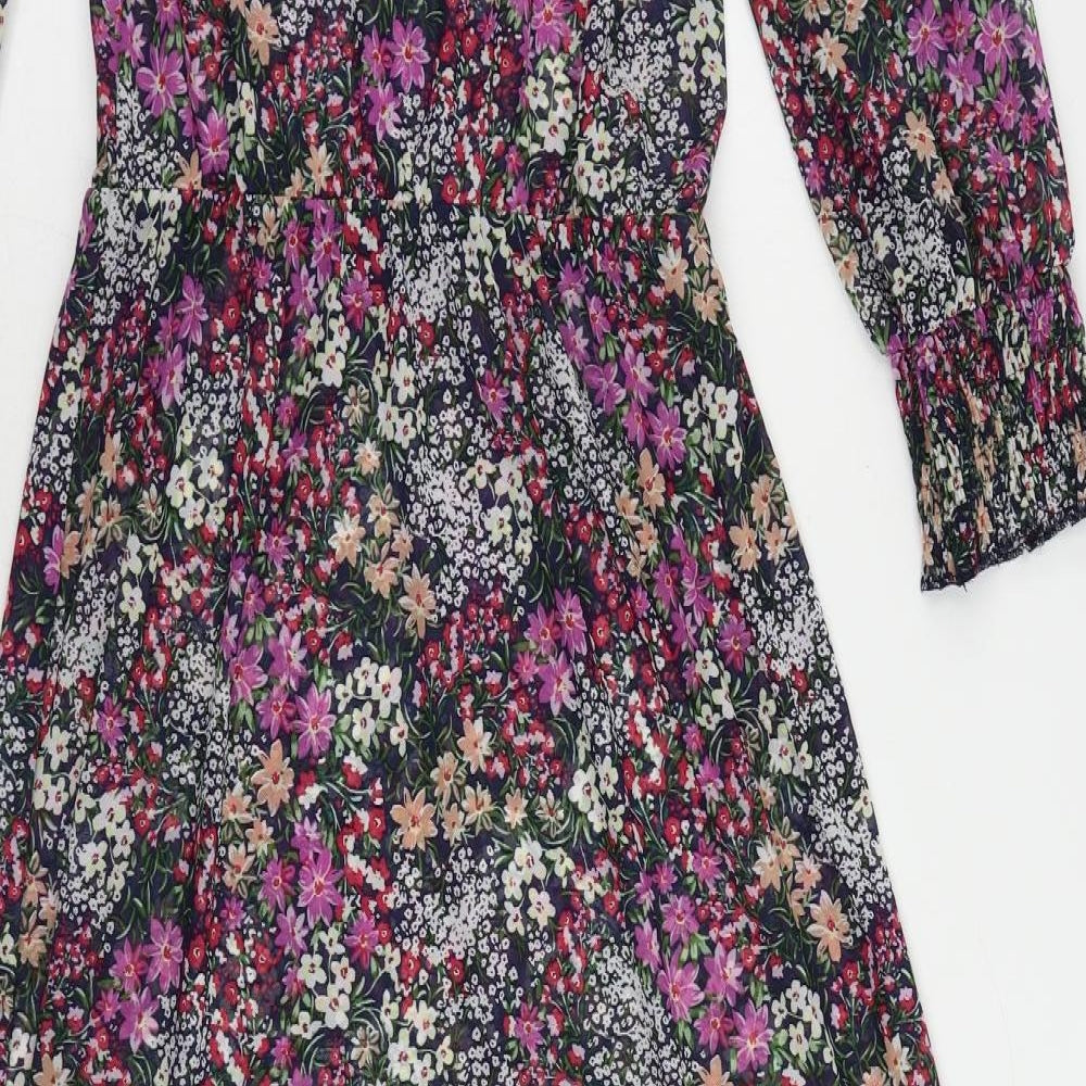 Oasis Womens Multicoloured Floral Polyester A-Line Size XS Round Neck Button - Sheer