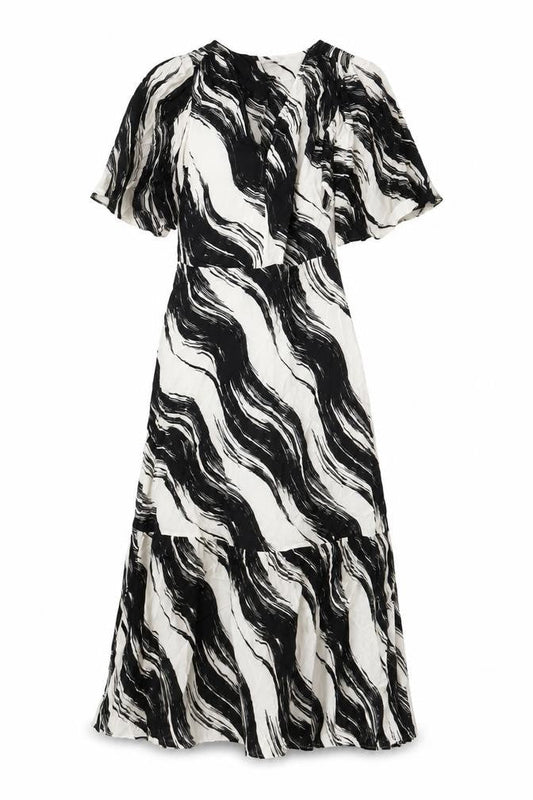 Front view of Autograph women’s black geometric viscose maxi, size UK 10, round neck zip - pockets