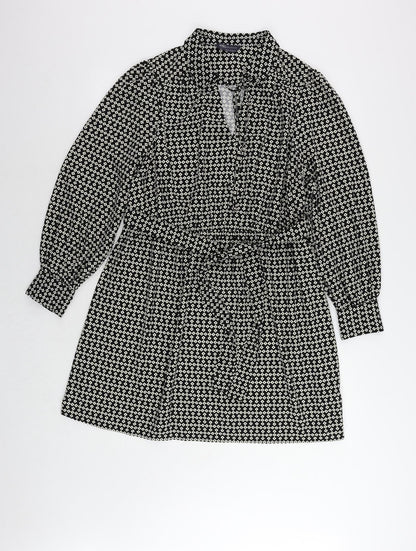 Marks and Spencer Womens Black Geometric Polyester Shirt Dress Size 14 Collared Tie