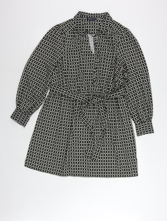 Marks and Spencer Womens Black Geometric Polyester Shirt Dress Size 14 Collared Tie