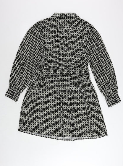 Marks and Spencer Womens Black Geometric Polyester Shirt Dress Size 14 Collared Tie