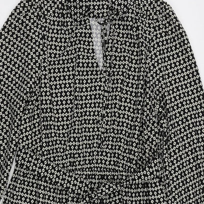 Marks and Spencer Womens Black Geometric Polyester Shirt Dress Size 14 Collared Tie