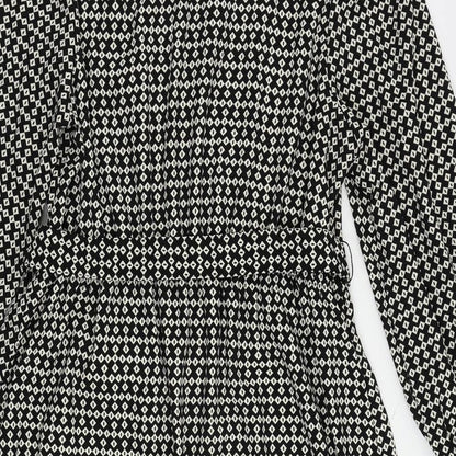 Marks and Spencer Womens Black Geometric Polyester Shirt Dress Size 14 Collared Tie