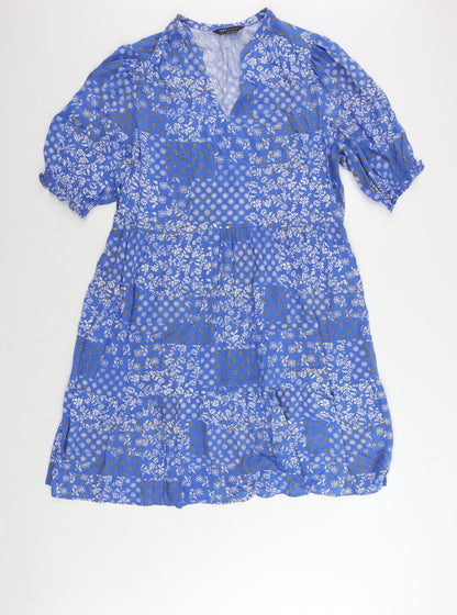 Marks and Spencer Womens Blue Floral Viscose A-Line Size 16 V-Neck Pullover