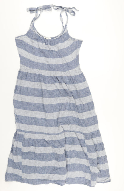 Beach Lunch Lounge Womens Blue Striped Linen A-Line Size M Scoop Neck Pullover