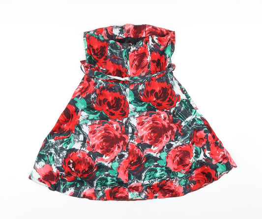 Select Womens Red Floral Cotton Mini Size 12 Square Neck Zip