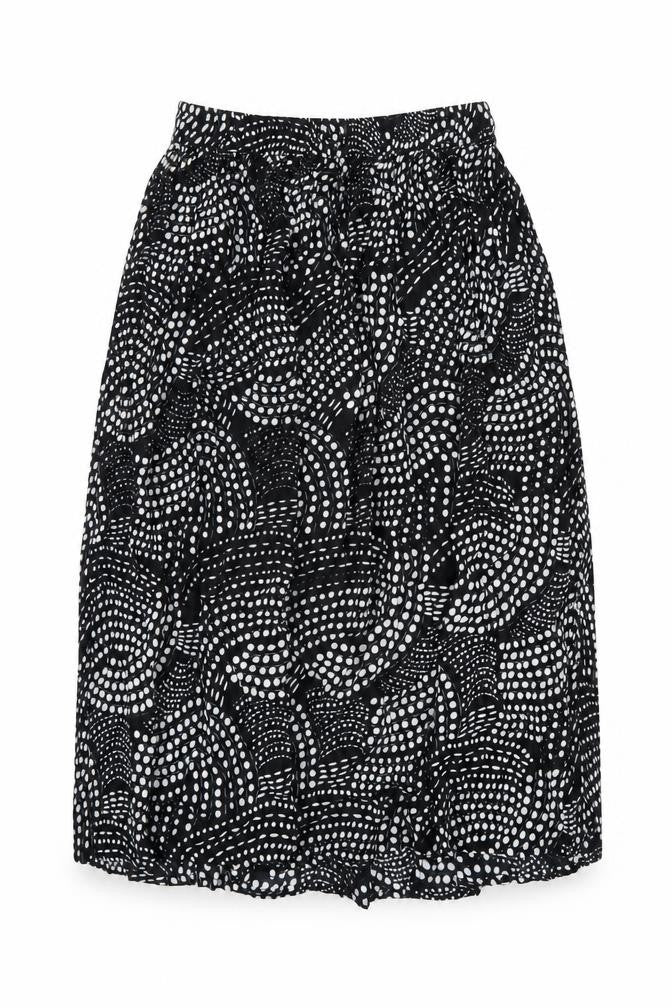 Front view of Akal Collection women’s black geometric viscose a-line skirt, size M