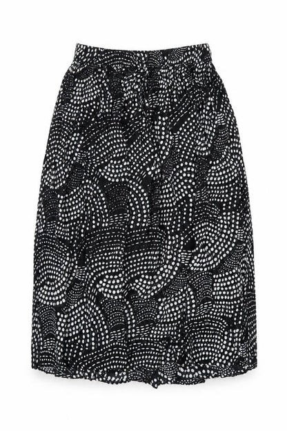 Front view of Akal Collection women’s black geometric viscose a-line skirt, size M