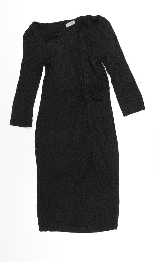 Per Una Womens Black Animal Print Viscose Bodycon Size 10 Boat Neck Pullover - Leopard Print Twist Front