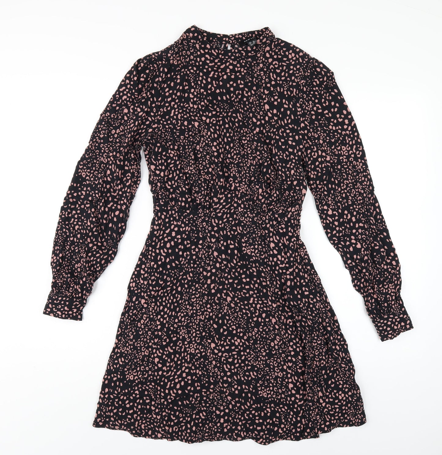 New Look Womens Black Geometric Viscose A-Line Size 8 Mock Neck Button