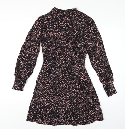 New Look Womens Black Geometric Viscose A-Line Size 8 Mock Neck Button