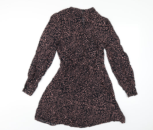 New Look Womens Black Geometric Viscose A-Line Size 8 Mock Neck Button