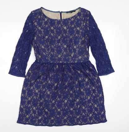 French Connection Womens Blue Polyamide A-Line Size 12 Round Neck Zip