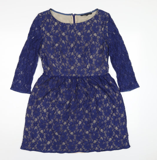 French Connection Womens Blue Polyamide A-Line Size 12 Round Neck Zip