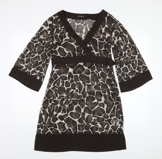 Principles Womens Brown Geometric Polyester A-Line Size 10 V-Neck Zip