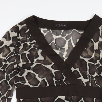 Principles Womens Brown Geometric Polyester A-Line Size 10 V-Neck Zip