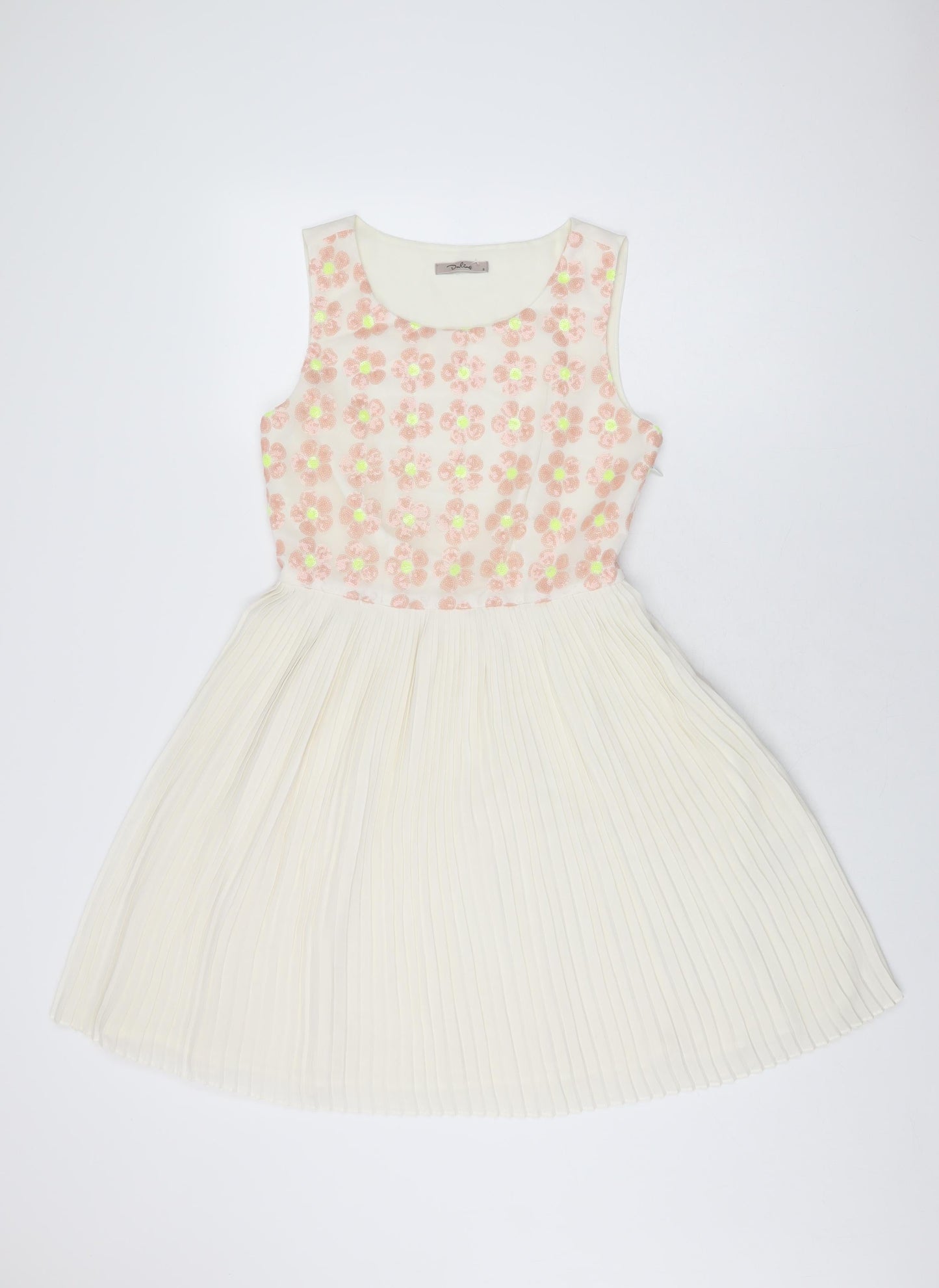 Darling Womens Ivory Floral Polyester Skater Dress Size S Round Neck Zip