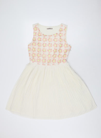 Darling Womens Ivory Floral Polyester Skater Dress Size S Round Neck Zip