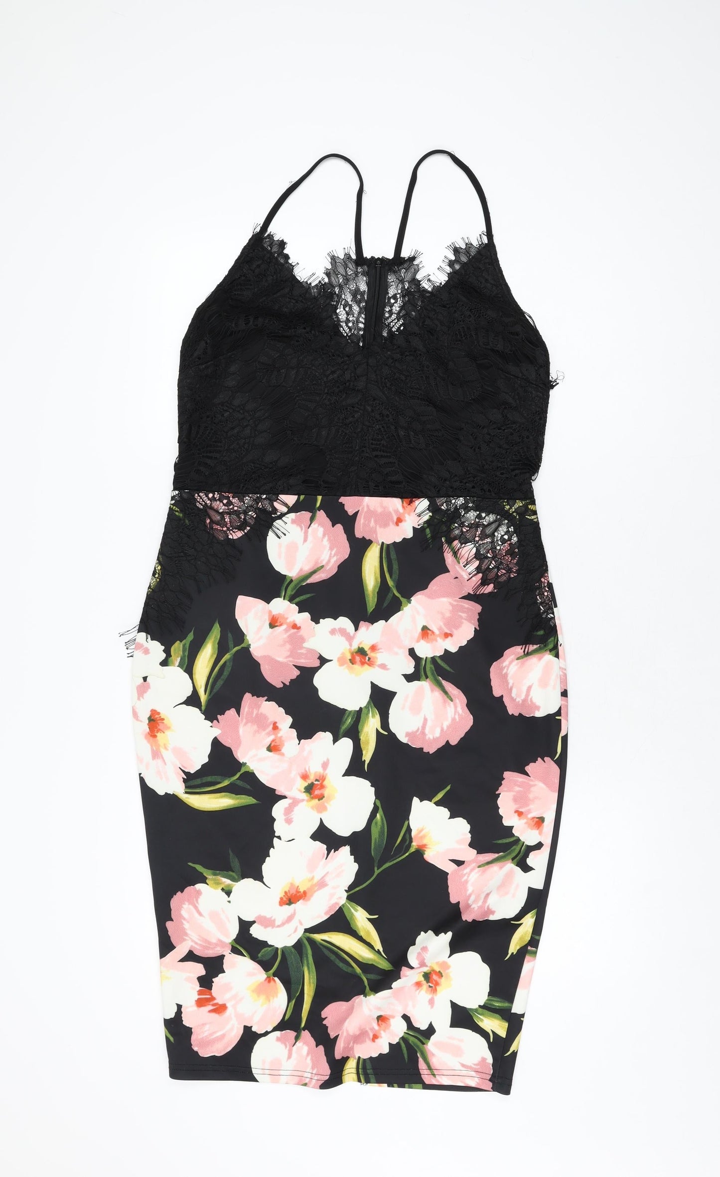 Boohoo Womens Black Floral Polyester Bodycon Size 14 V-Neck Zip