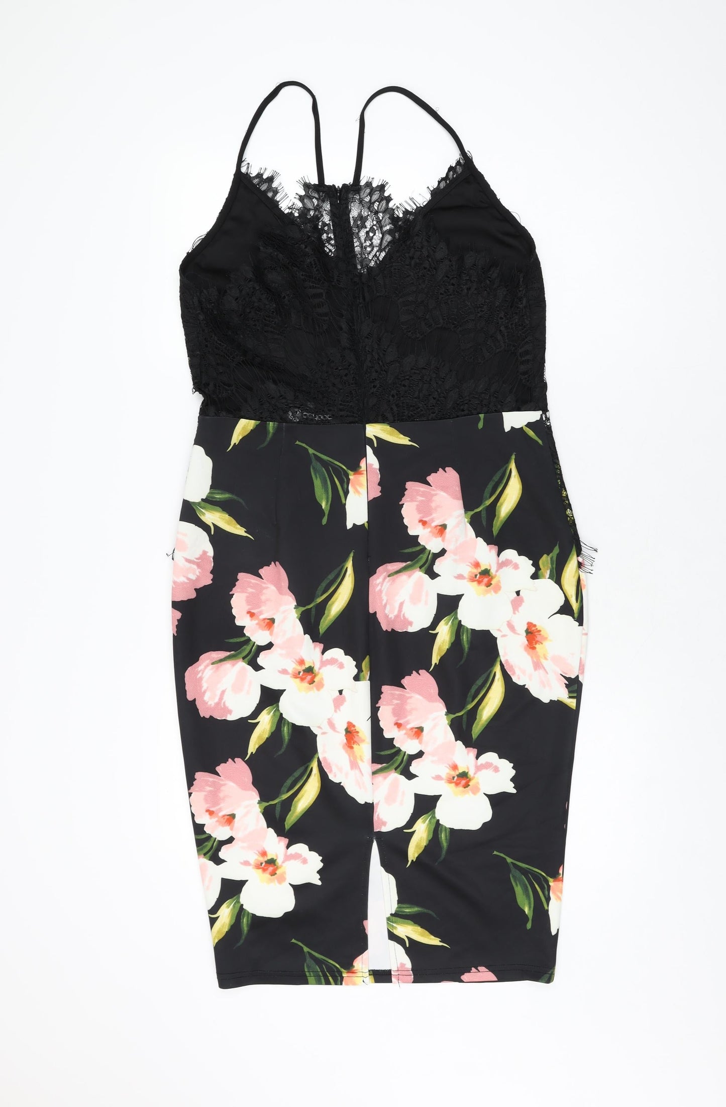 Boohoo Womens Black Floral Polyester Bodycon Size 14 V-Neck Zip