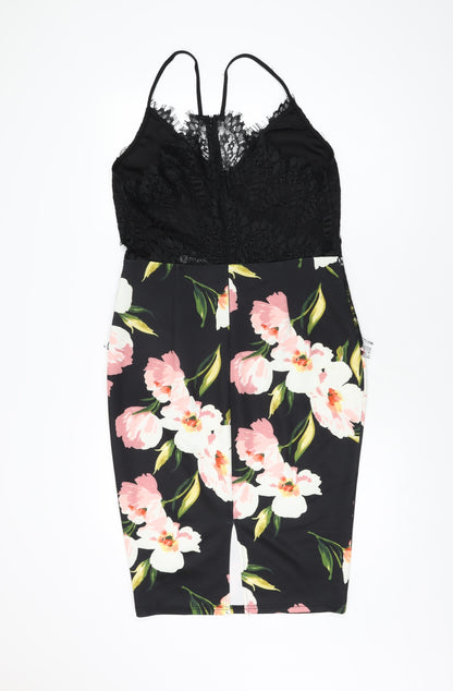 Boohoo Womens Black Floral Polyester Bodycon Size 14 V-Neck Zip