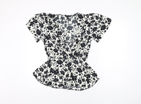 New Look Womens White Floral Polyester Basic Blouse Size 10 V-Neck